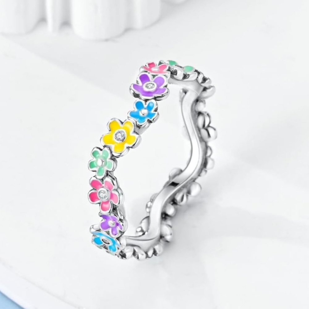 Colorful Flower Enamel Sterling Silver Ring - Multicolor Size 7